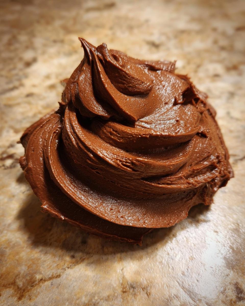 Close-up of a perfect swirl of rich, dark brown Chocolate Frosting on a speckled countertop.
