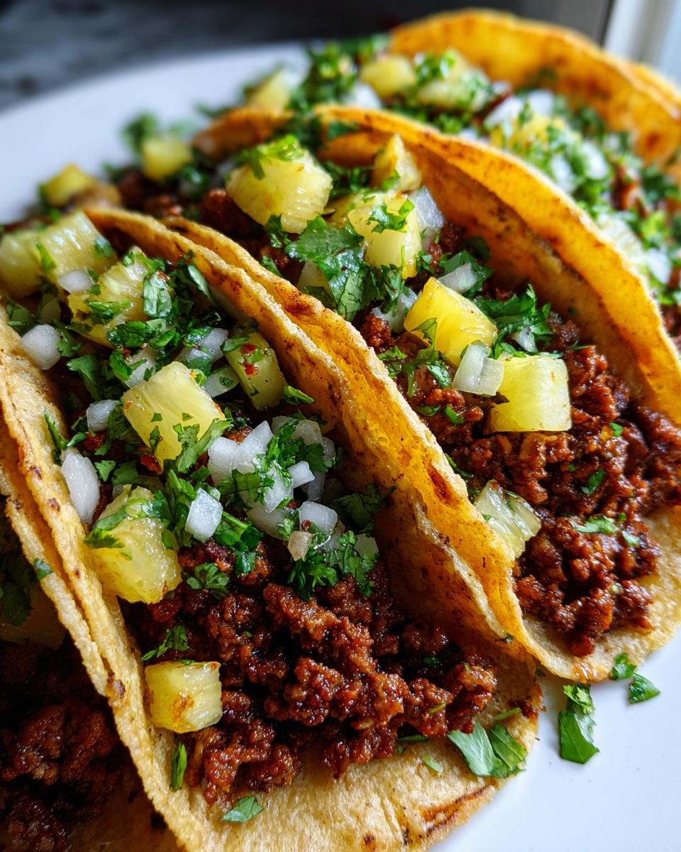 Close-up of three delicious Tacos Al Pastor With Ground Turkey topped with pineapple, onion, and cilantro.