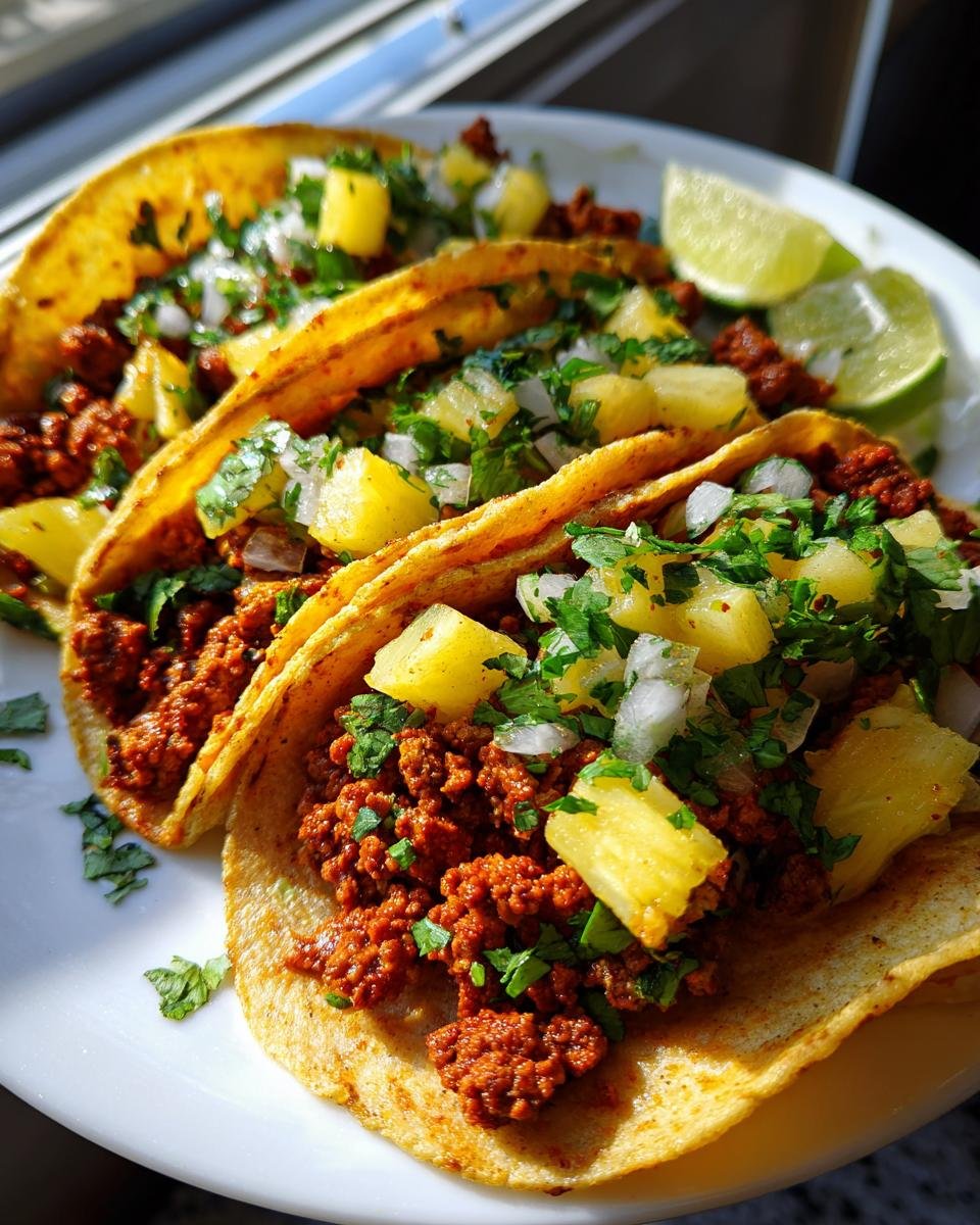 Three delicious Tacos Al Pastor With Ground Turkey topped with pineapple, onion, and cilantro, served with lime wedges.