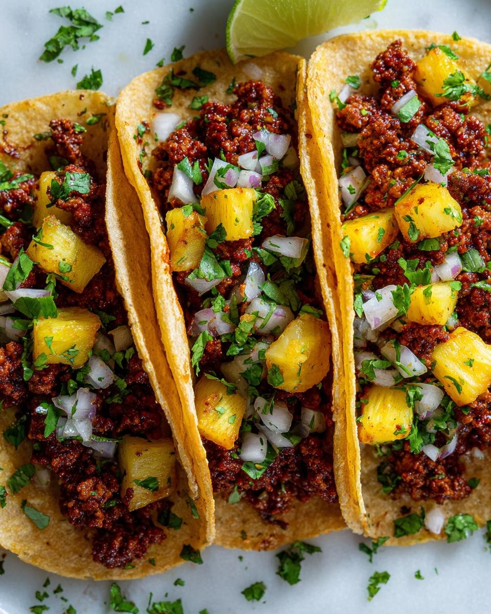 Close-up of three delicious Tacos Al Pastor With Ground Turkey topped with pineapple, onion, and cilantro.