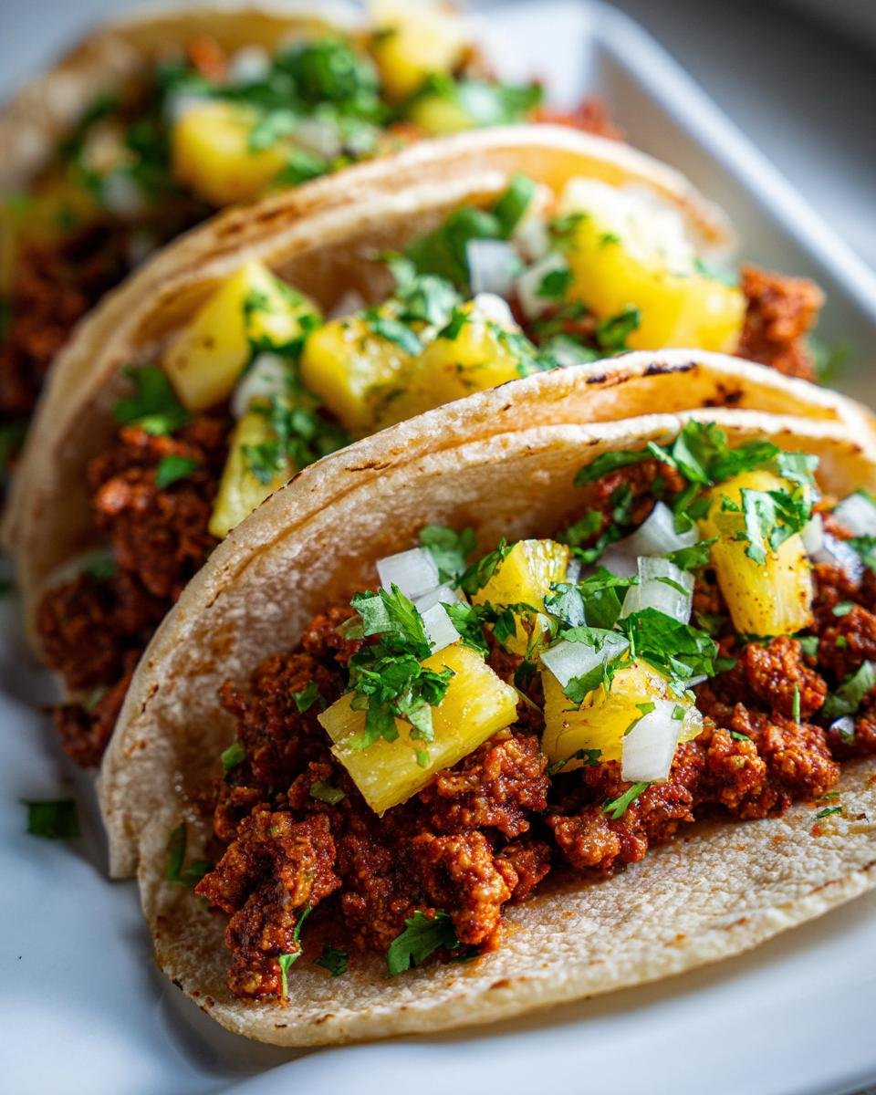 Three delicious Tacos Al Pastor With Ground Turkey topped with pineapple, onion, and cilantro on a white plate.