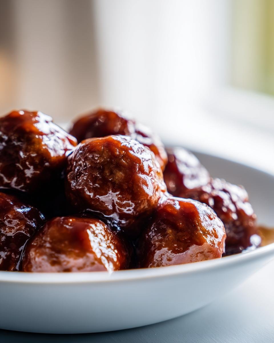 A close-up shot of several glistening Teriyaki Meatballs coated in a thick, dark sauce, served in a white bowl.