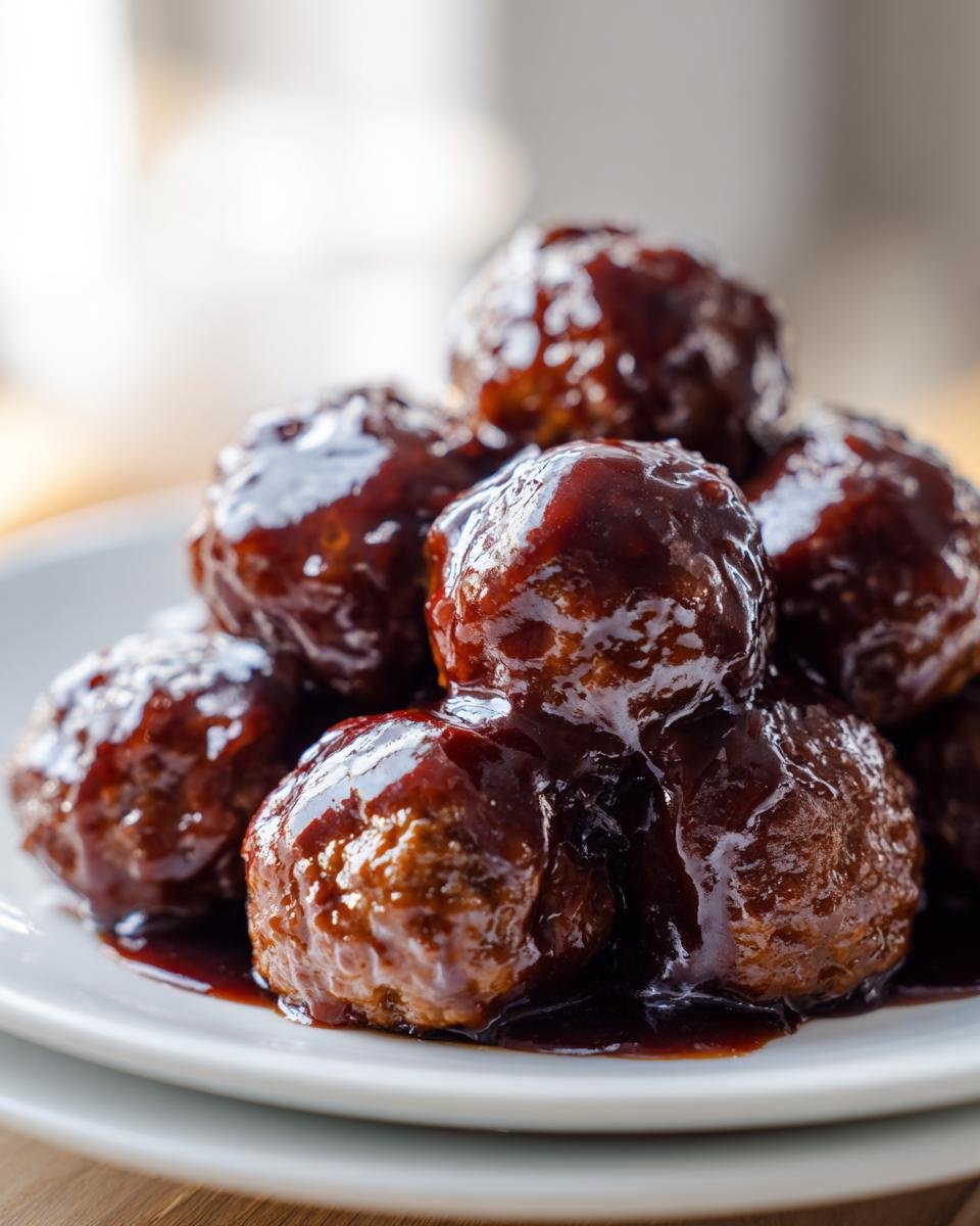 A close-up photo of several glossy Teriyaki Meatballs piled high and covered in thick, dark teriyaki sauce.