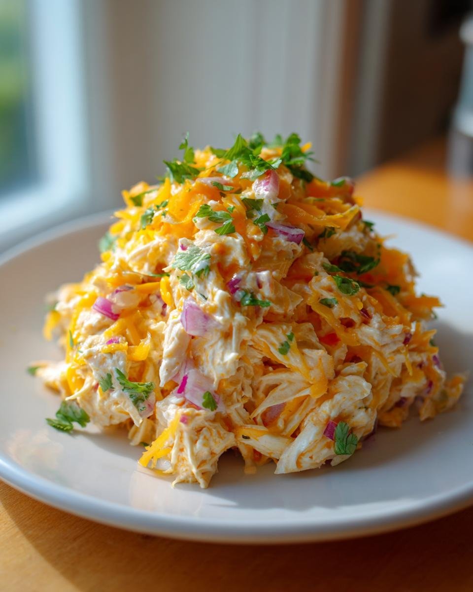 A close-up of a mound of creamy Tex Mex Chicken Salad topped with shredded cheddar cheese and fresh cilantro.