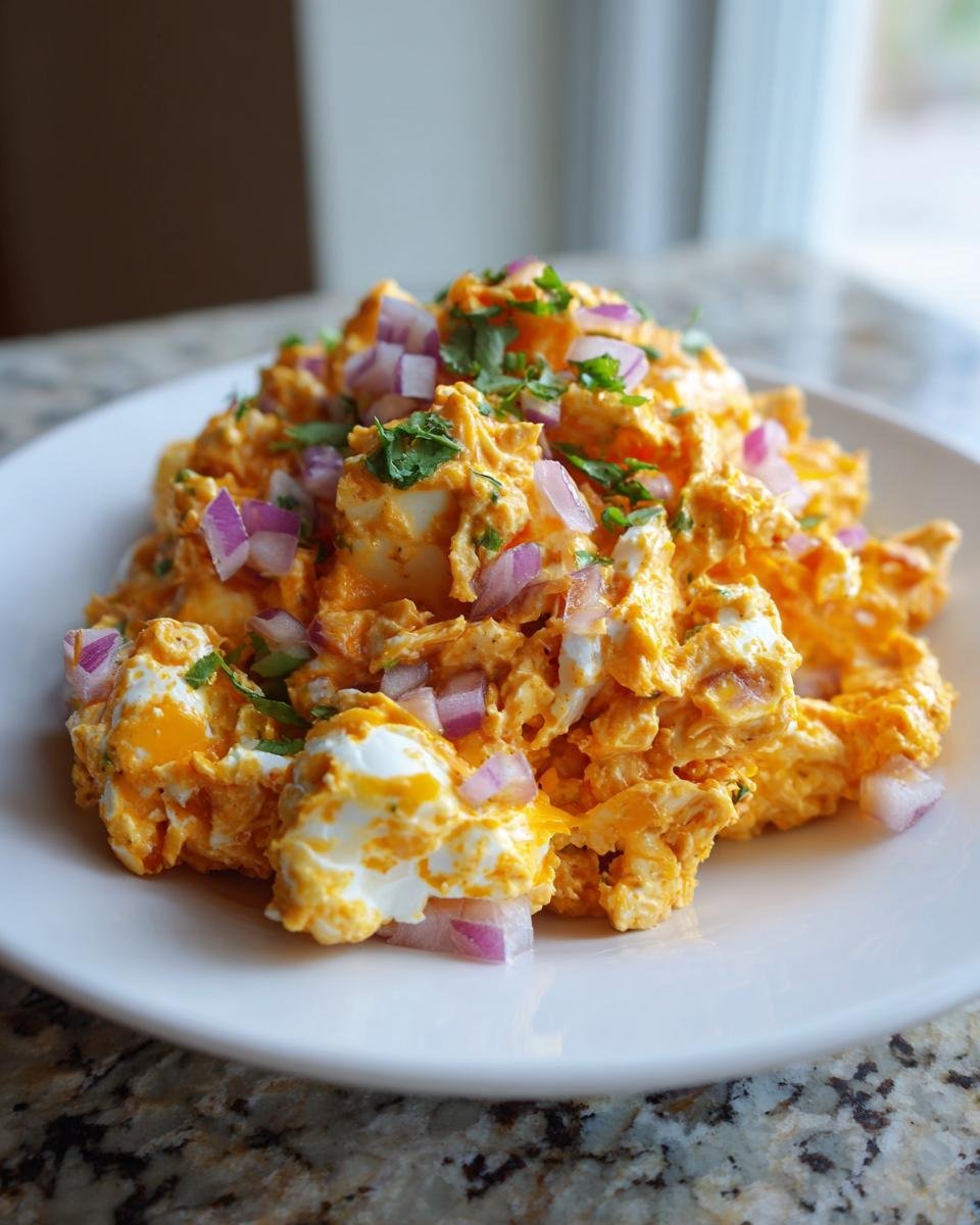 A mound of creamy, orange-colored Tex Mex Chicken Salad topped with diced red onion and fresh cilantro.