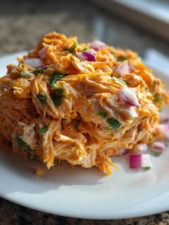 A scoop of vibrant orange Tex Mex Chicken Salad topped with chopped red onion and cilantro on a white plate.