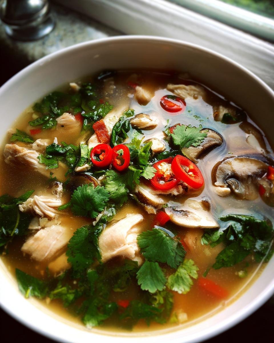 A close-up of a bowl of Amazing Thai Chicken Soup, featuring shredded chicken, mushrooms, cilantro, and bright red chili slices.