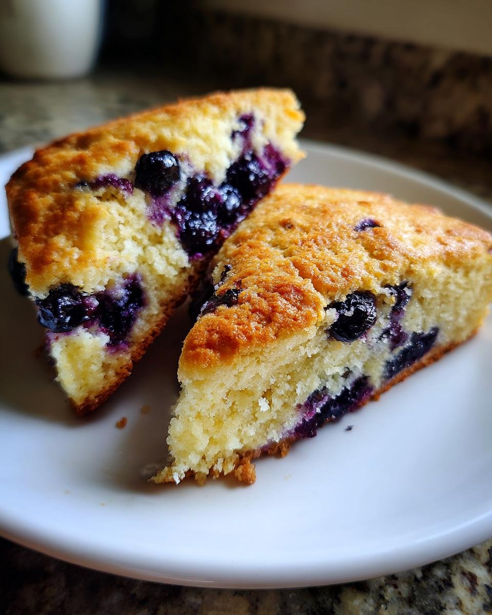 Two triangular halves of freshly baked Blueberry Scones showing a moist interior packed with dark blueberries.