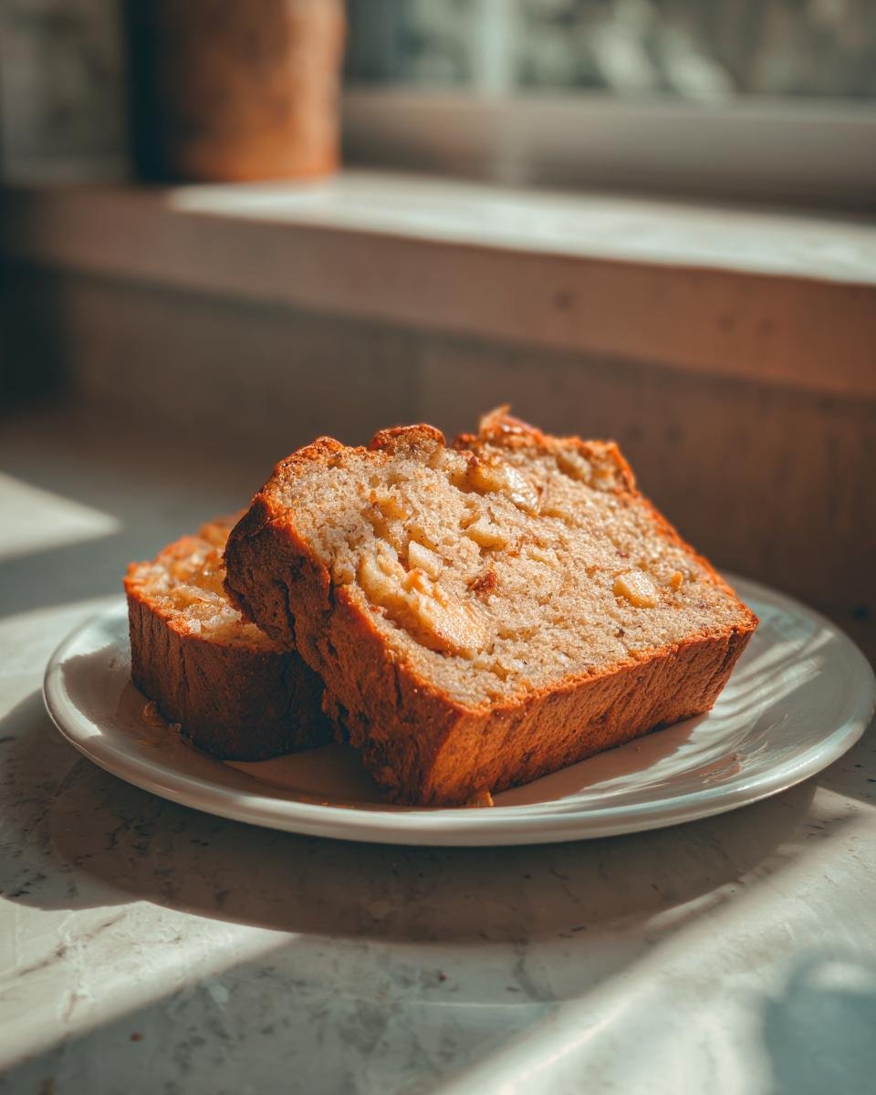 Two thick slices of moist Apple Bread, showing chunks of apple inside, served on a white plate in warm sunlight.