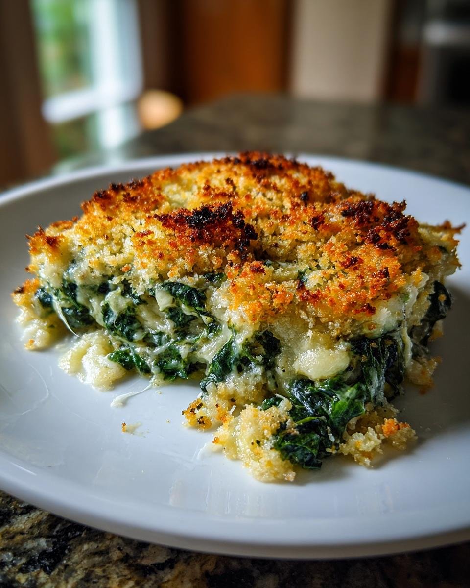A close-up of a serving of Ultimate Creamed Spinach Gratin with a golden, crispy breadcrumb topping.