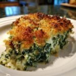 A close-up of a serving of Ultimate Creamed Spinach Gratin, showing creamy spinach underneath a golden, crispy breadcrumb topping.