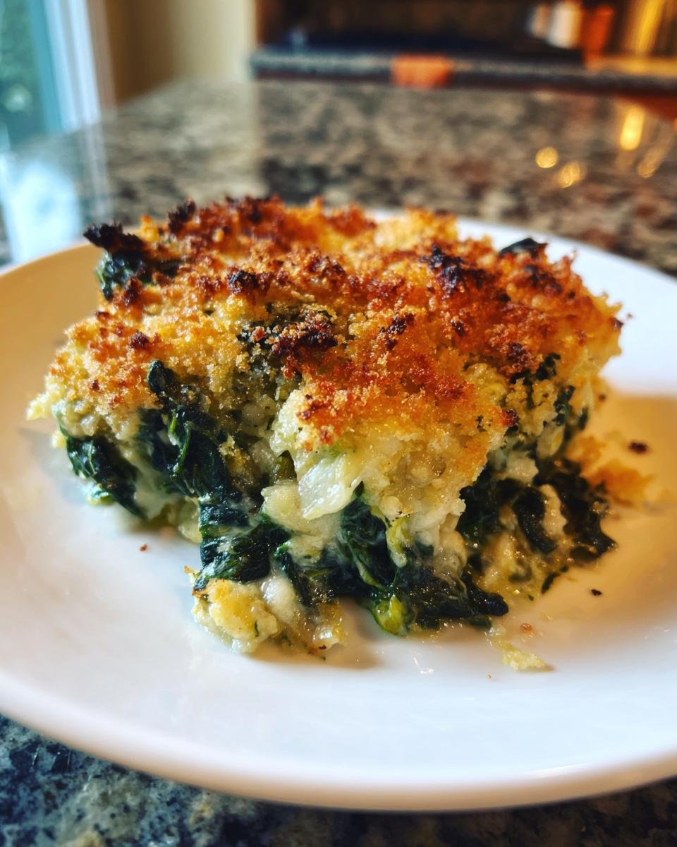 A close-up of a portion of Ultimate Creamed Spinach Gratin with a golden, crispy topping.