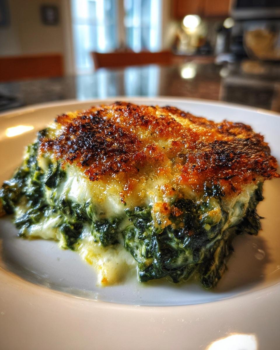 Close-up of a rich slice of Ultimate Creamed Spinach Gratin with a bubbly, browned cheese crust.