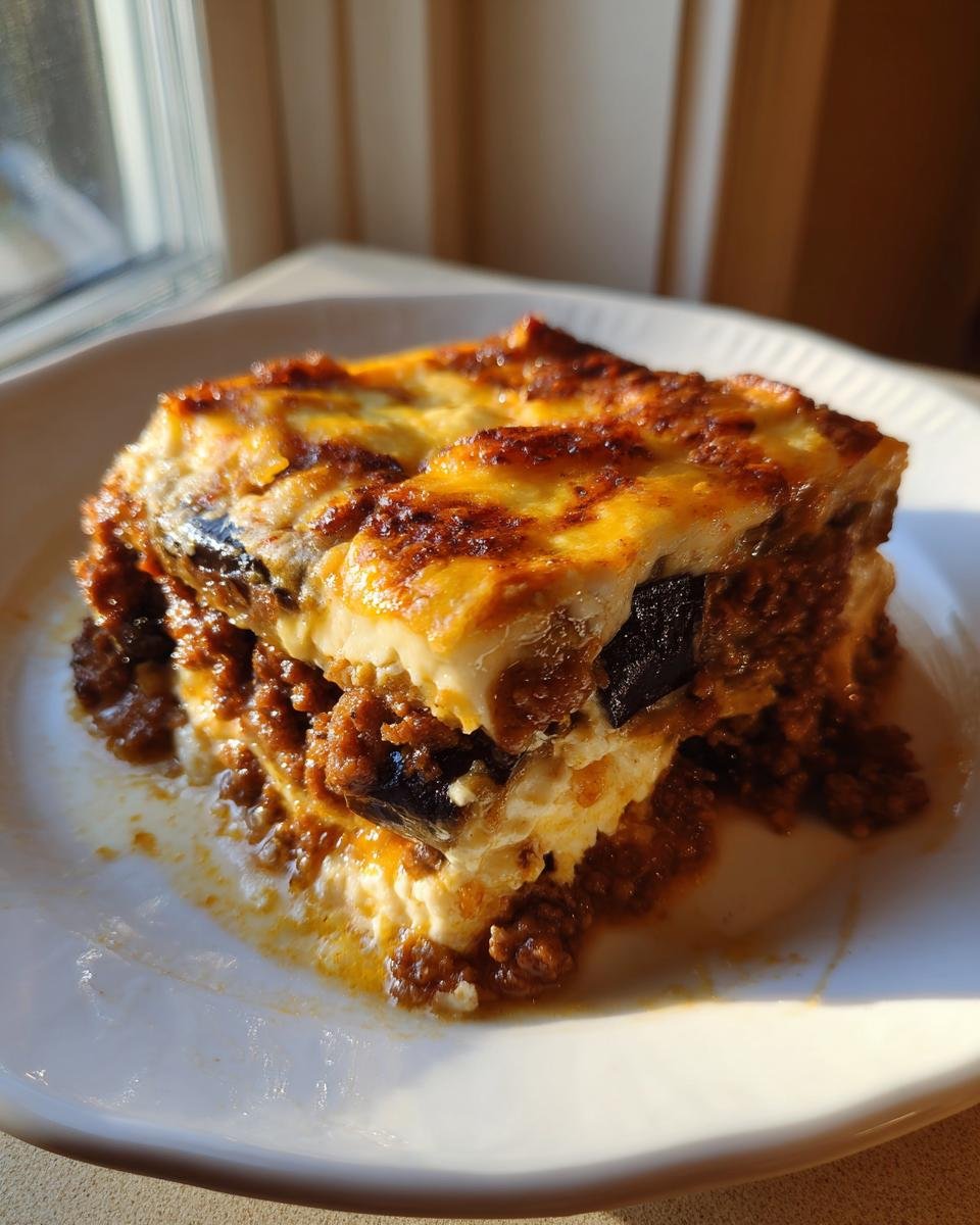 A rich, layered slice of Greek Moussaka with browned b&eacute;chamel topping served on a white plate.
