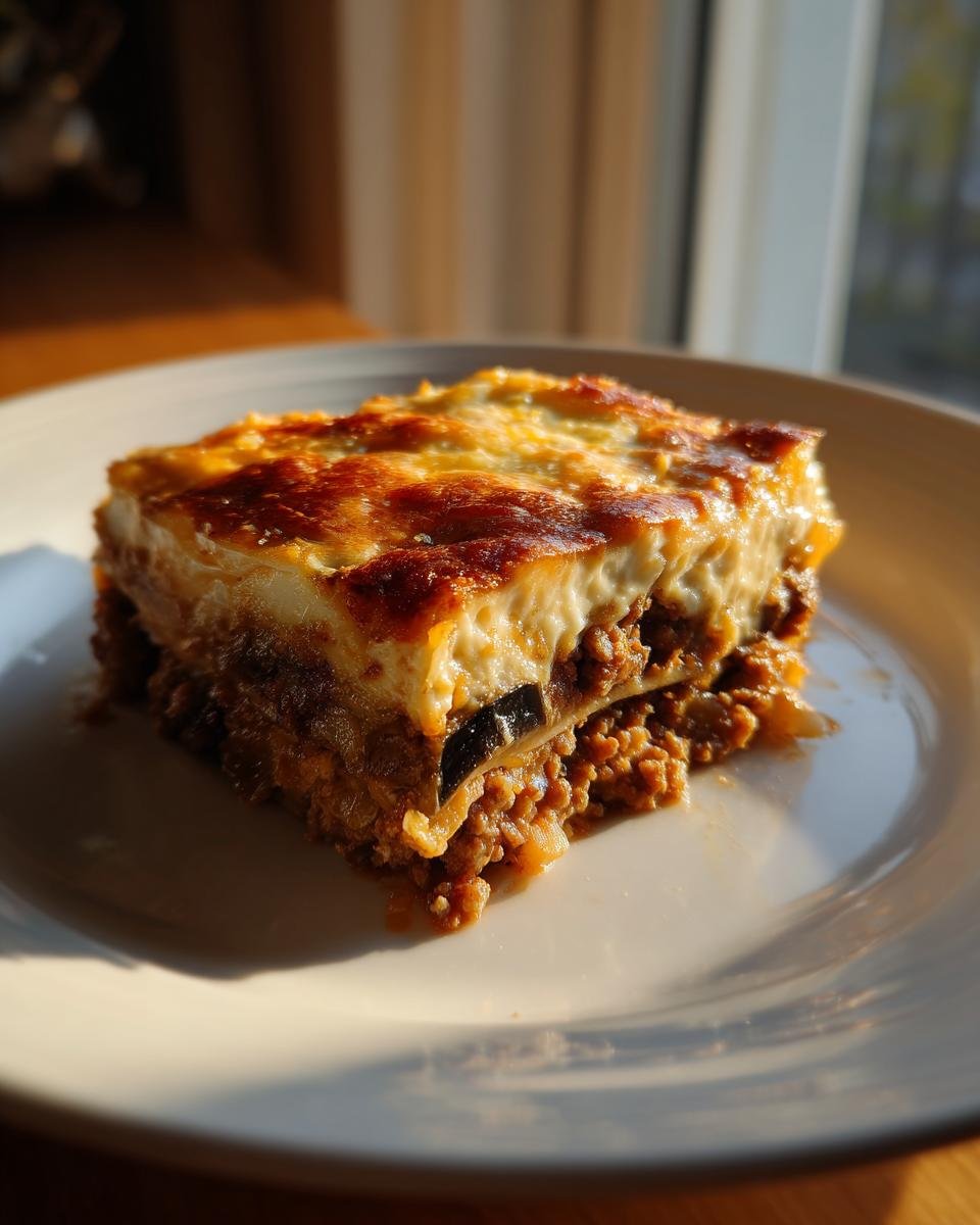 A perfect square slice of Greek Moussaka with a golden-brown b&eacute;chamel top, resting on a white plate.