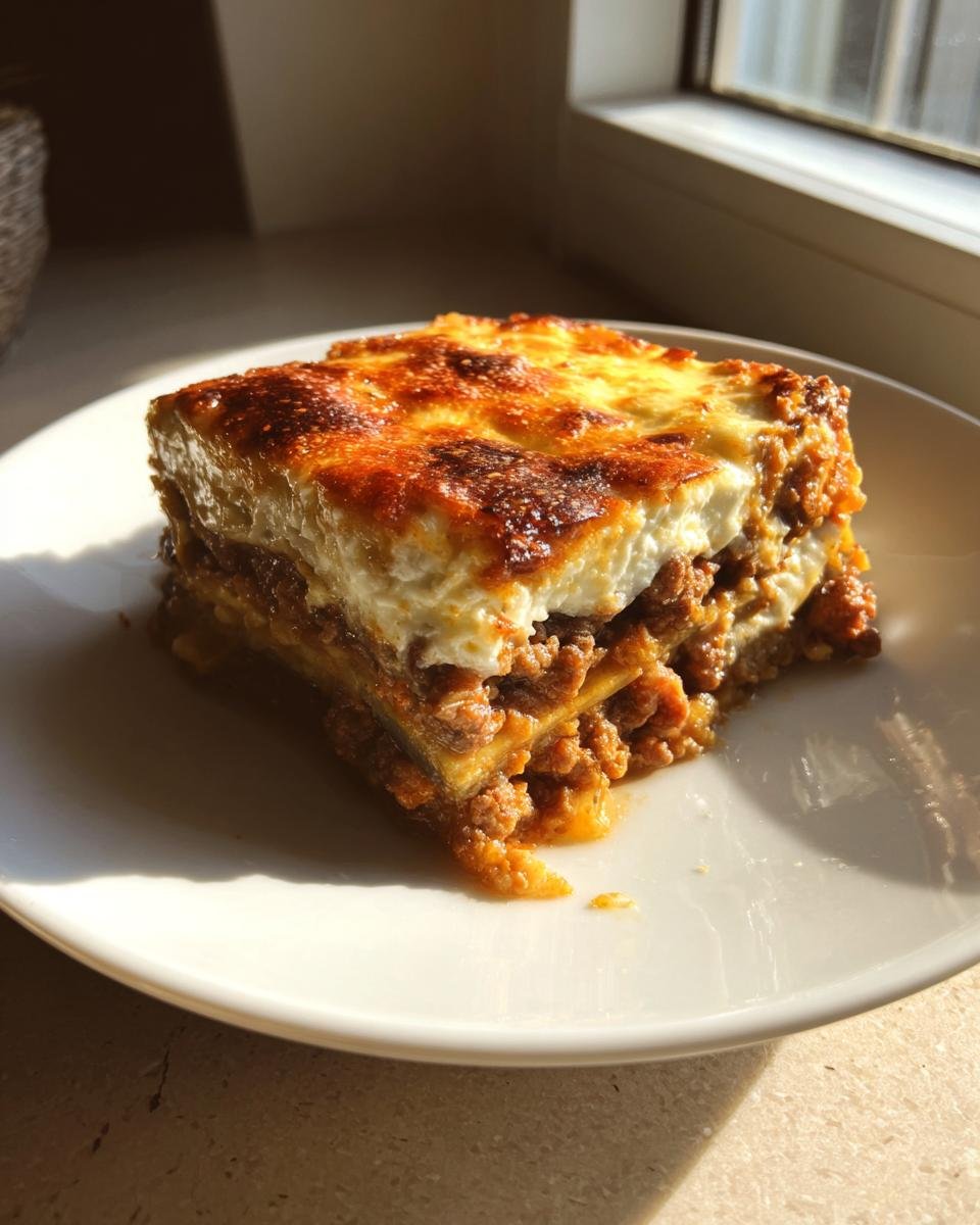A thick, golden-brown slice of rich Greek Moussaka with a creamy b&eacute;chamel topping on a white plate.