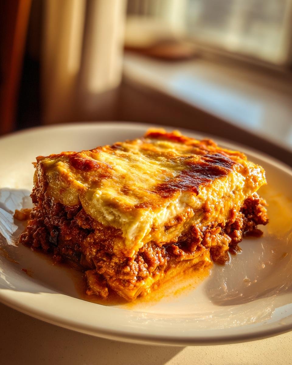 A rich, golden-brown slice of Greek Moussaka with a thick b&eacute;chamel top on a white plate.