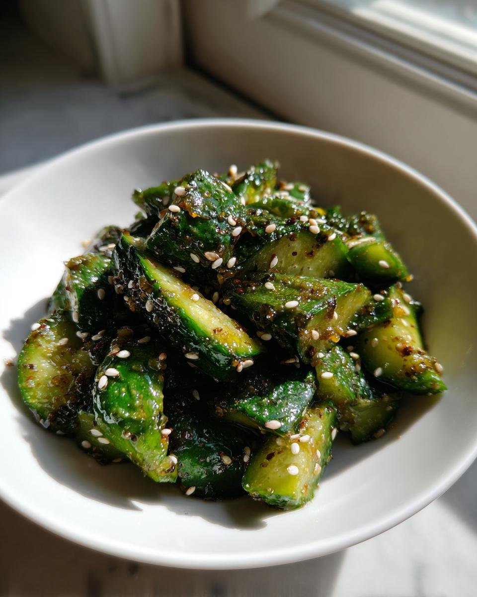A white bowl filled with The Ultimate Smashed Cucumber Salad, glistening with dark dressing and topped with sesame seeds.