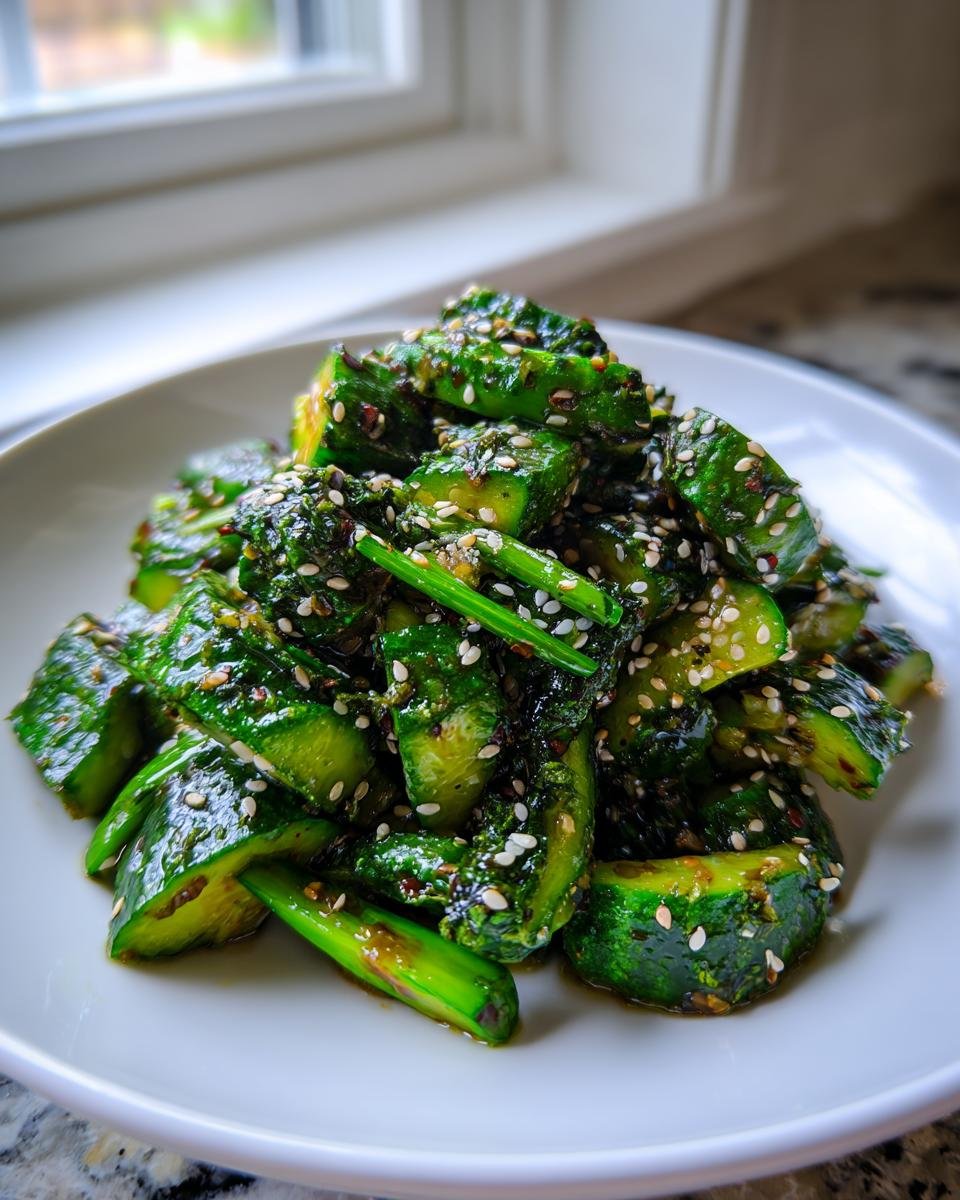 A close-up of The Ultimate Smashed Cucumber Salad, tossed in a dark savory dressing and topped with white sesame seeds.