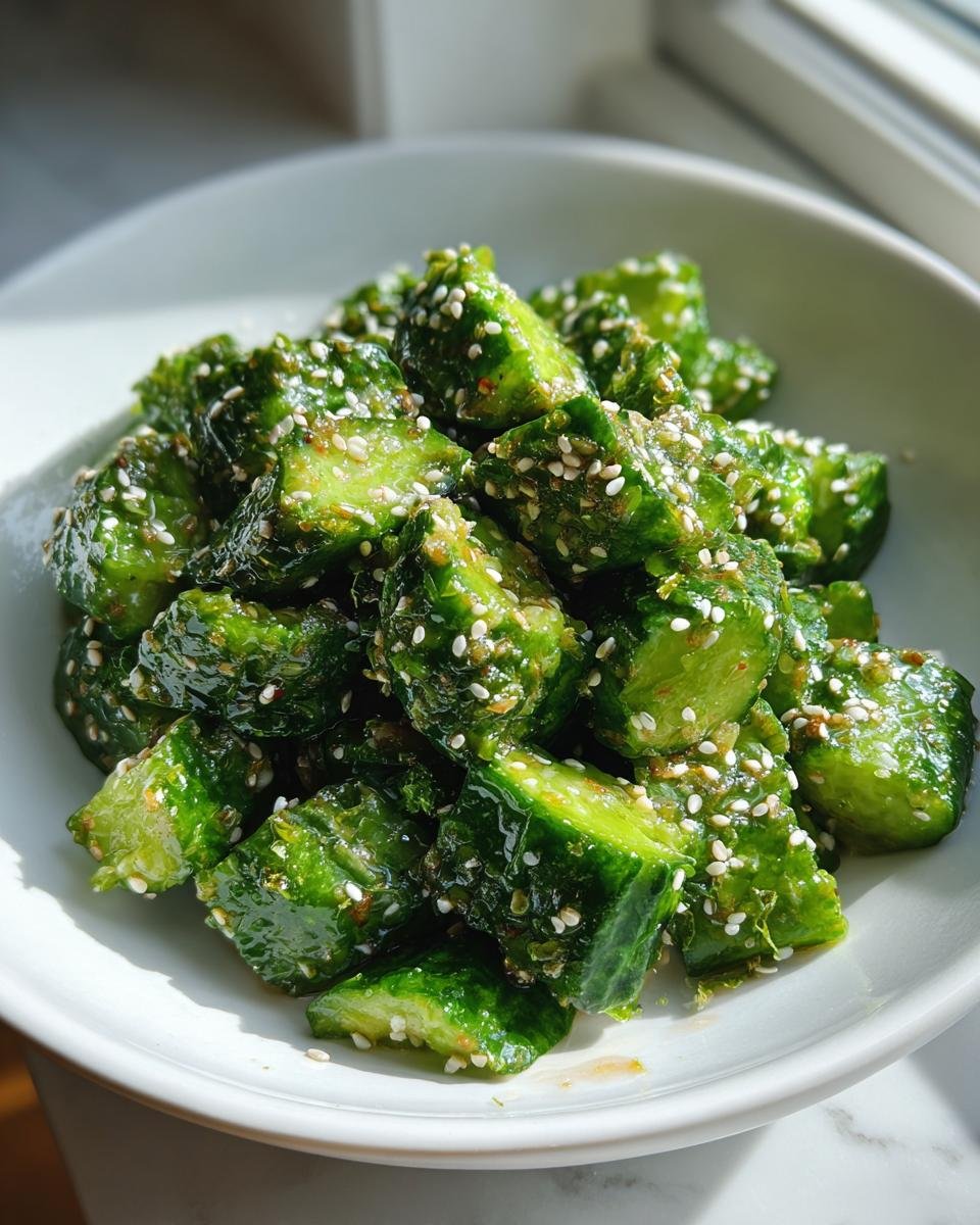 Bright green, smashed cucumber pieces coated in a savory dressing and topped with sesame seeds for The Ultimate Smashed Cucumber Salad.