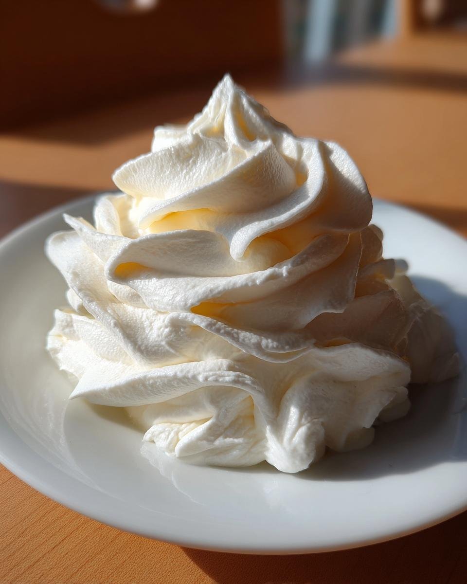 Close-up of a perfectly piped swirl of creamy, white Vanilla Frosting on a white plate.