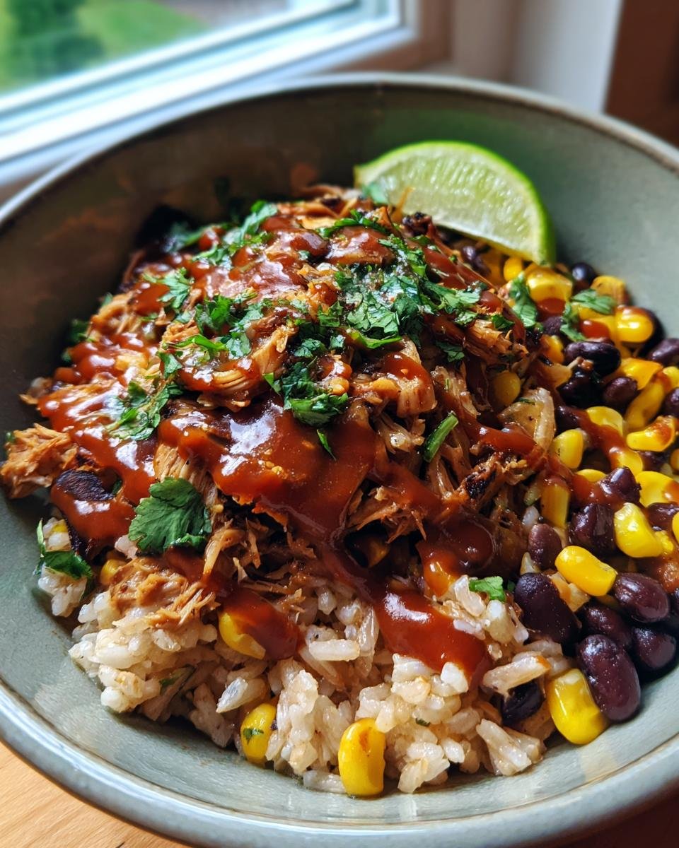 Close-up of a Vegan BBQ Jerk Jackfruit Chipotle Burrito Bowl with rice, corn, black beans, and a lime wedge.