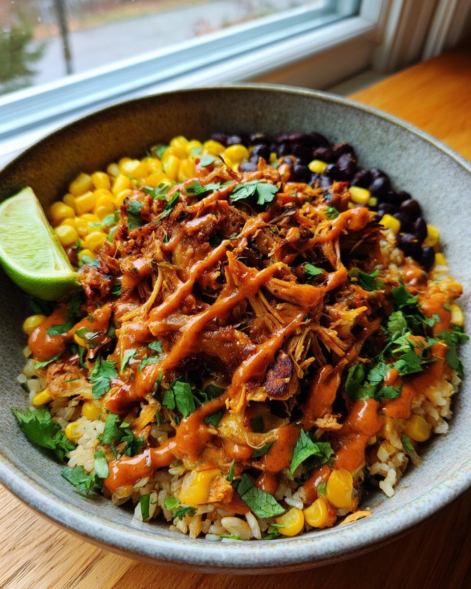 Close-up of a Vegan BBQ Jerk Jackfruit Chipotle Burrito Bowl with rice, corn, black beans, and a lime wedge.