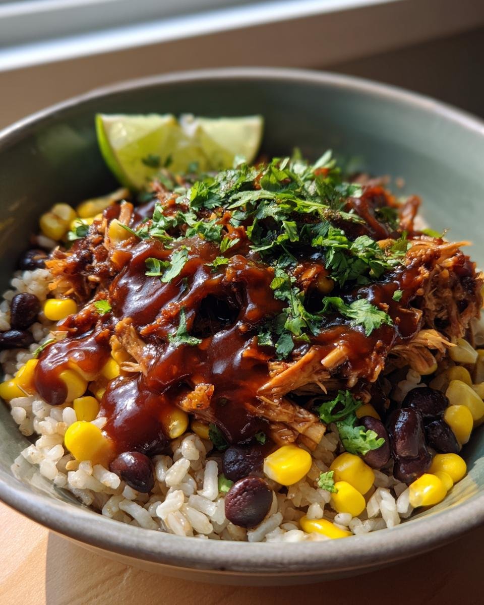 Close-up of a Vegan BBQ Jerk Jackfruit Chipotle Burrito Bowl with rice, corn, black beans, and cilantro.