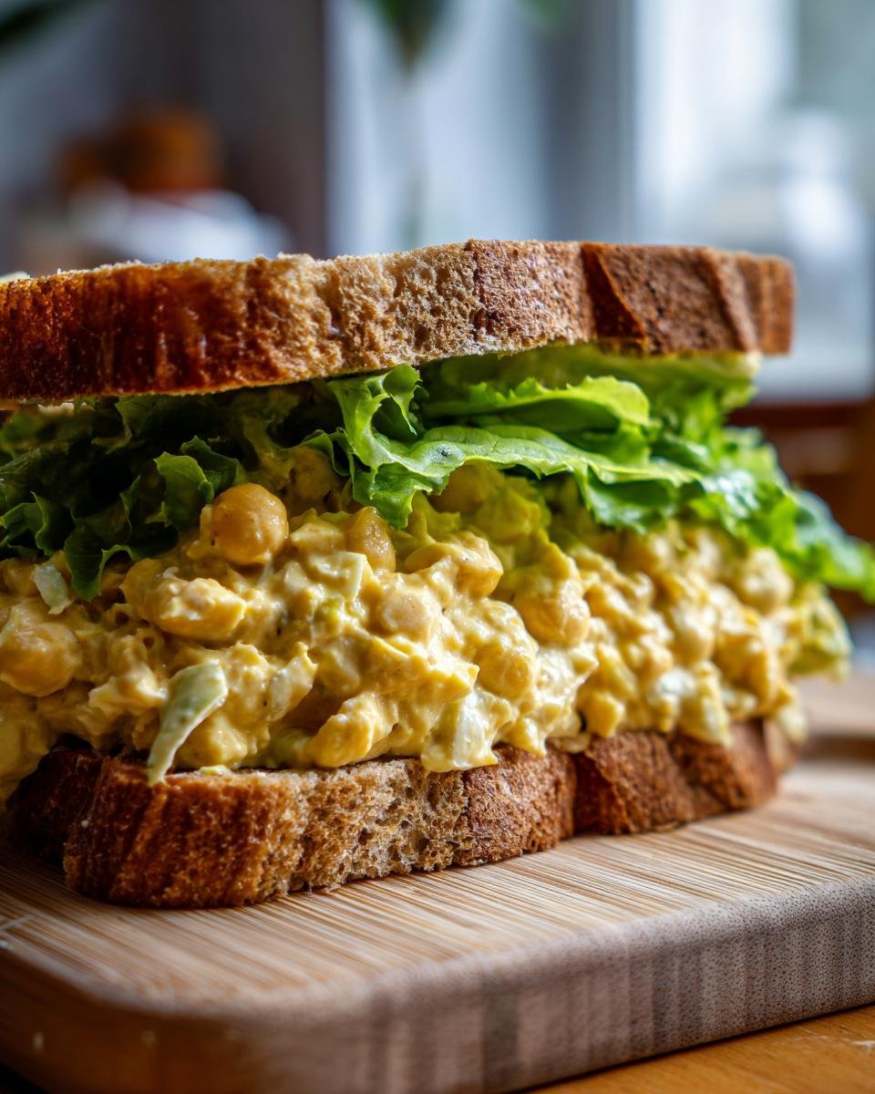 A hearty Vegan Chickpea Tuna Salad Sandwich made with whole wheat bread, creamy chickpea filling, and crisp lettuce.