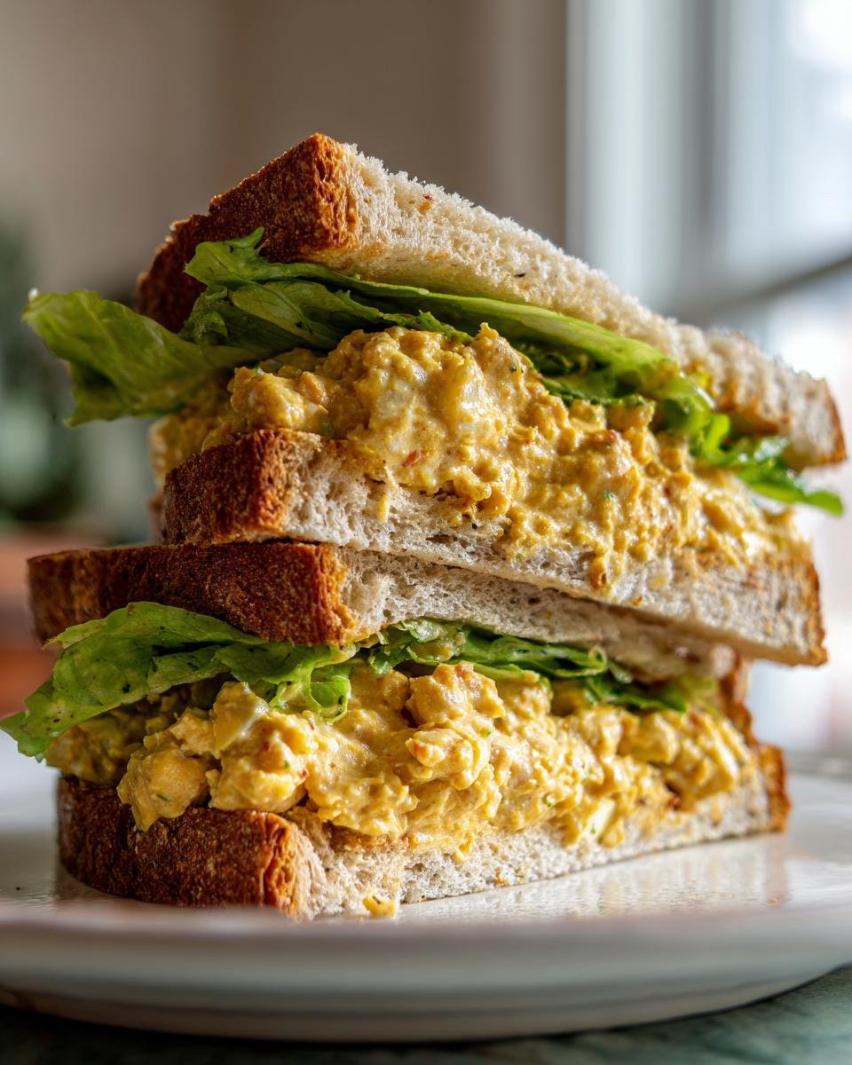 Close-up of a stacked Vegan Chickpea Tuna Salad Sandwich made with whole wheat bread and crisp lettuce.