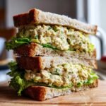 A tall, stacked sandwich filled with creamy Vegan Chickpea Tuna Salad and crisp lettuce on whole wheat bread.