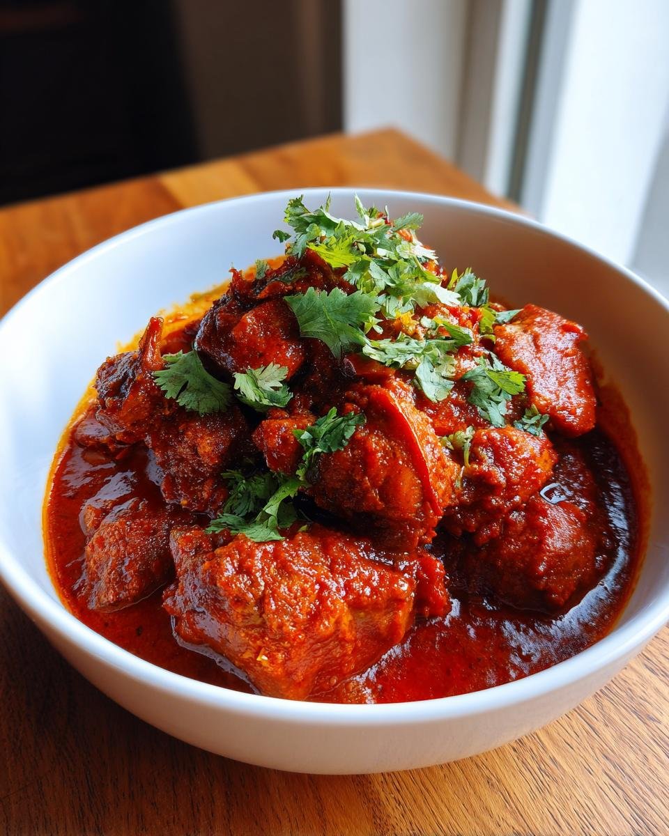 Close-up of vibrant red Chicken Rogan Josh pieces in a white bowl, garnished with fresh cilantro.