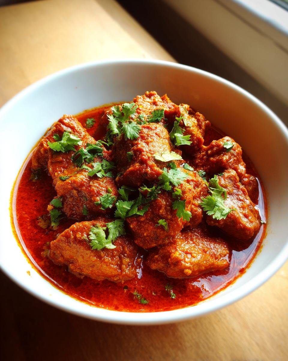 Close-up of vibrant Chicken Rogan Josh pieces swimming in rich red gravy, garnished with fresh cilantro.
