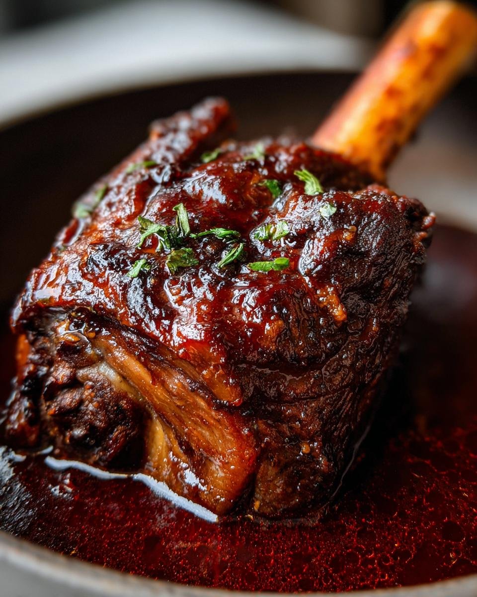 Close-up of a tender Wine Braised Lamb Shank coated in a dark, glossy sauce and garnished with herbs.