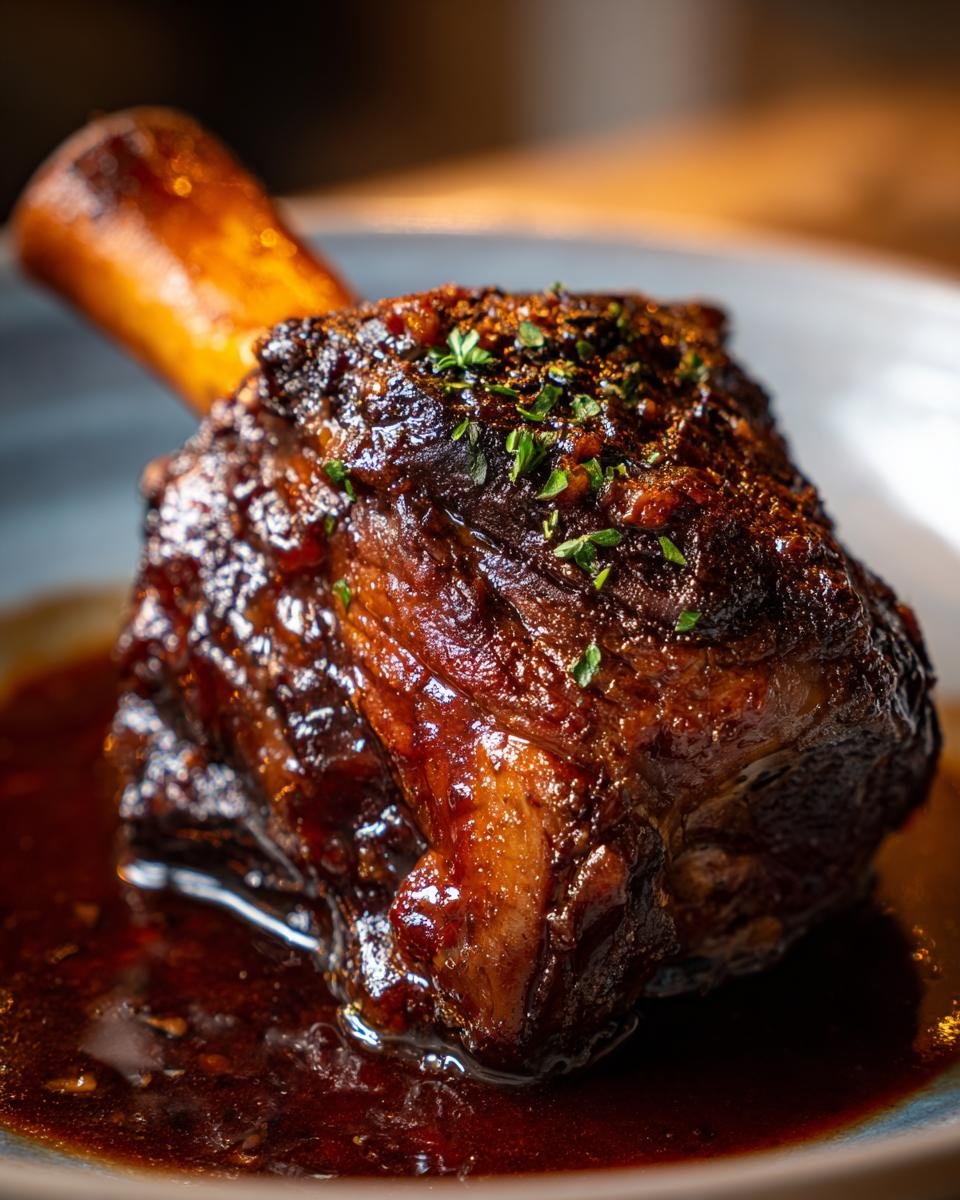 Close-up of a tender Wine Braised Lamb Shank, glistening with rich sauce and topped with fresh herbs.
