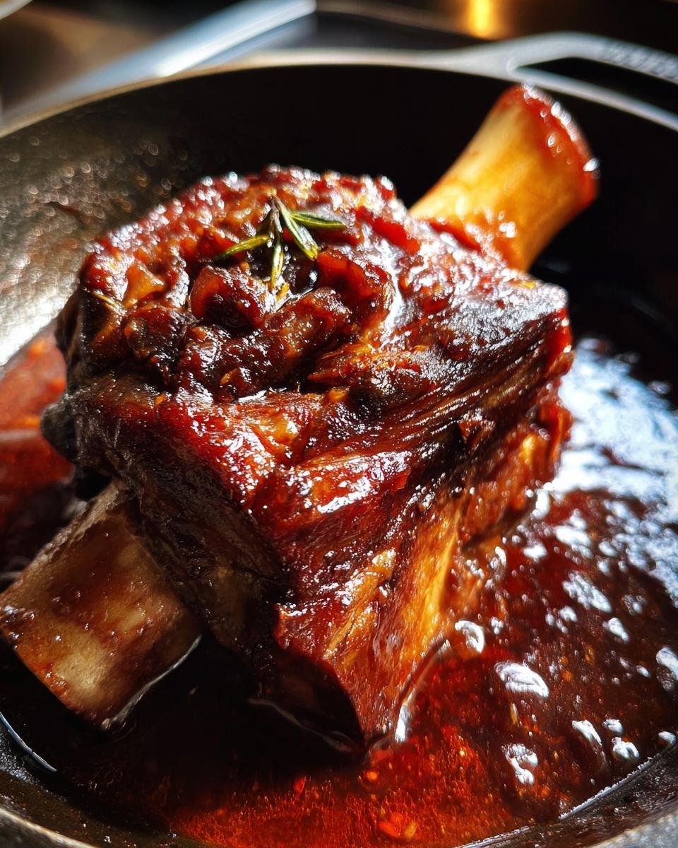 Close-up of a tender Wine Braised Lamb Shank coated in a rich, dark red wine reduction sauce and topped with rosemary.
