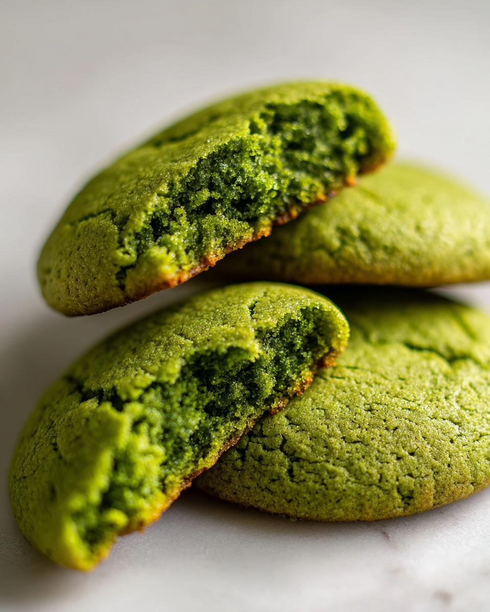 Close-up of Zesty Lime Matcha Cookies, showing one cookie broken in half revealing a soft, vibrant green interior.