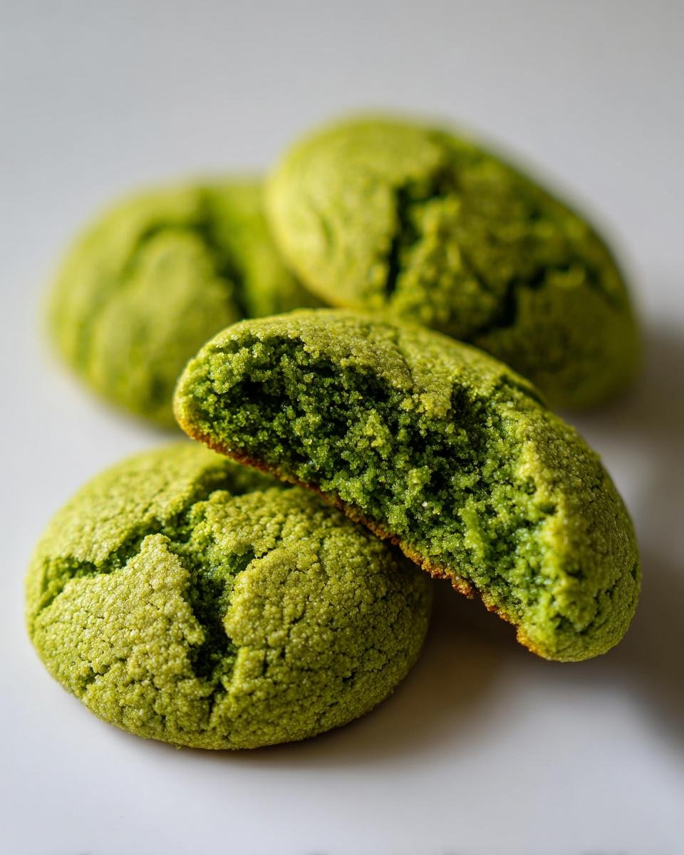 Close-up of Zesty Lime Matcha Cookies, one broken open showing the vibrant green, soft interior texture.