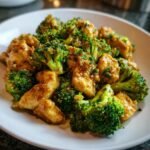 Close-up of the 10 Minute Garlic Butter Chicken Broccoli Toss Recipe, featuring tender chicken pieces and bright green broccoli florets coated in a savory sauce.