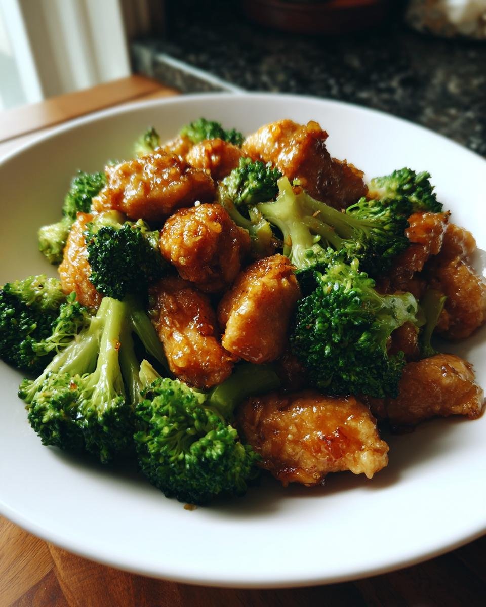Close-up of glistening chicken pieces tossed with bright green broccoli florets in a garlic butter sauce, part of the 10 Minute Garlic Butter Chicken Broccoli Toss Recipe.
