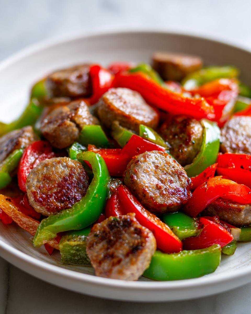 Close-up of sliced, browned chicken sausage mixed with vibrant red and green bell peppers in a white bowl, showcasing the 15 Minute Chicken Sausage And Peppers Skillet Delight.