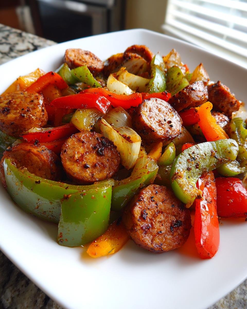 Close-up of a white bowl filled with sliced, browned chicken sausage, green, red, and orange peppers, and onions from the 15 Minute Chicken Sausage And Peppers Skillet Delight.