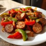 Close-up of browned chicken sausage slices mixed with saut&eacute;ed red and green bell peppers and onions in a 15 Minute Chicken Sausage And Peppers Skillet Delight.