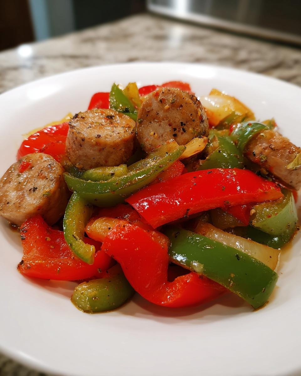 Close-up of sliced chicken sausage mixed with saut&eacute;ed red and green bell peppers in a white bowl.