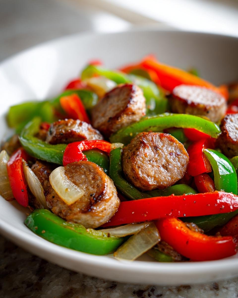 Close-up of sliced, browned chicken sausage mixed with vibrant red and green bell peppers and onions in a white bowl.