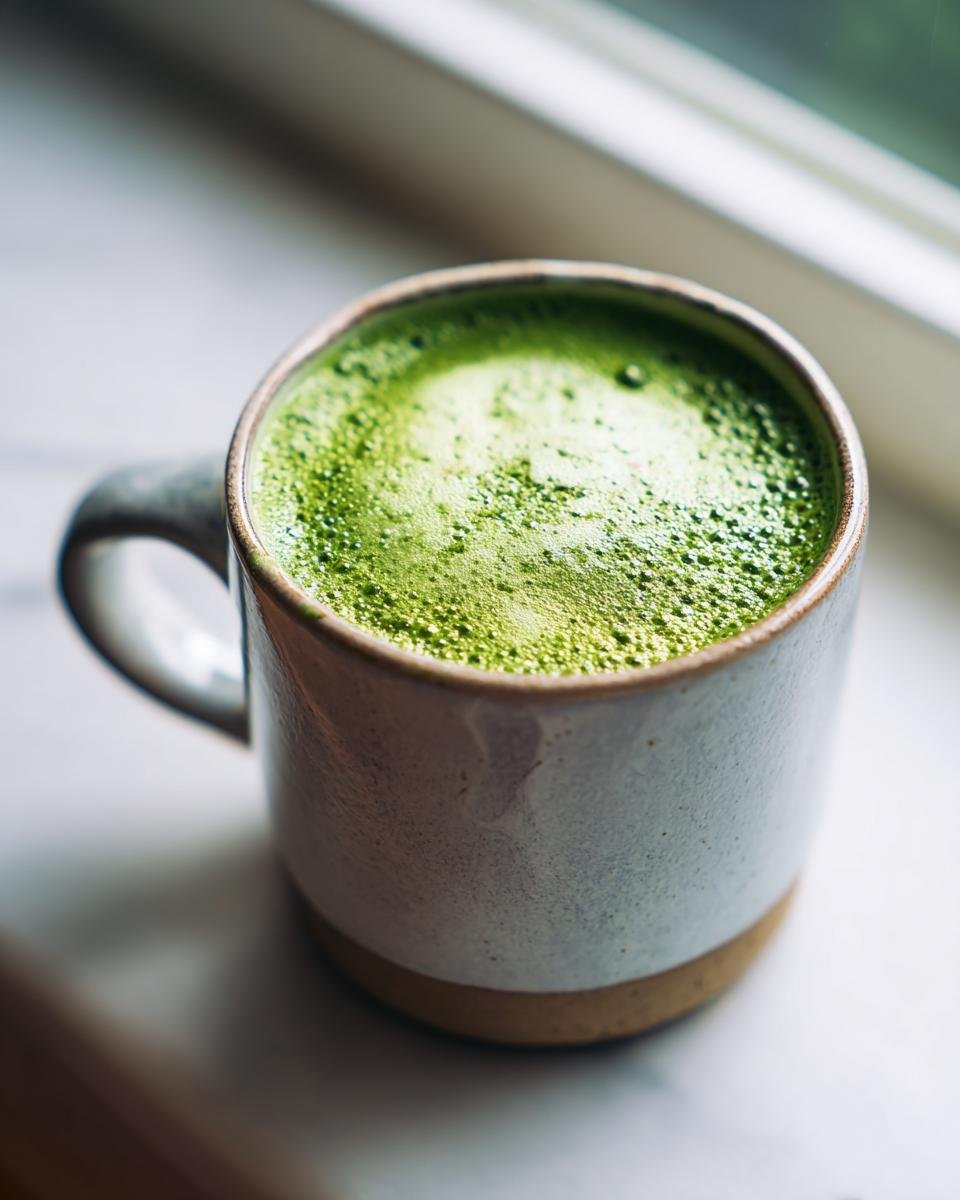 Close-up of a mug filled with bright green, foamy matcha hot chocolate, perfect for the 4 Ingredient Matcha Hot Chocolate Magic recipe.