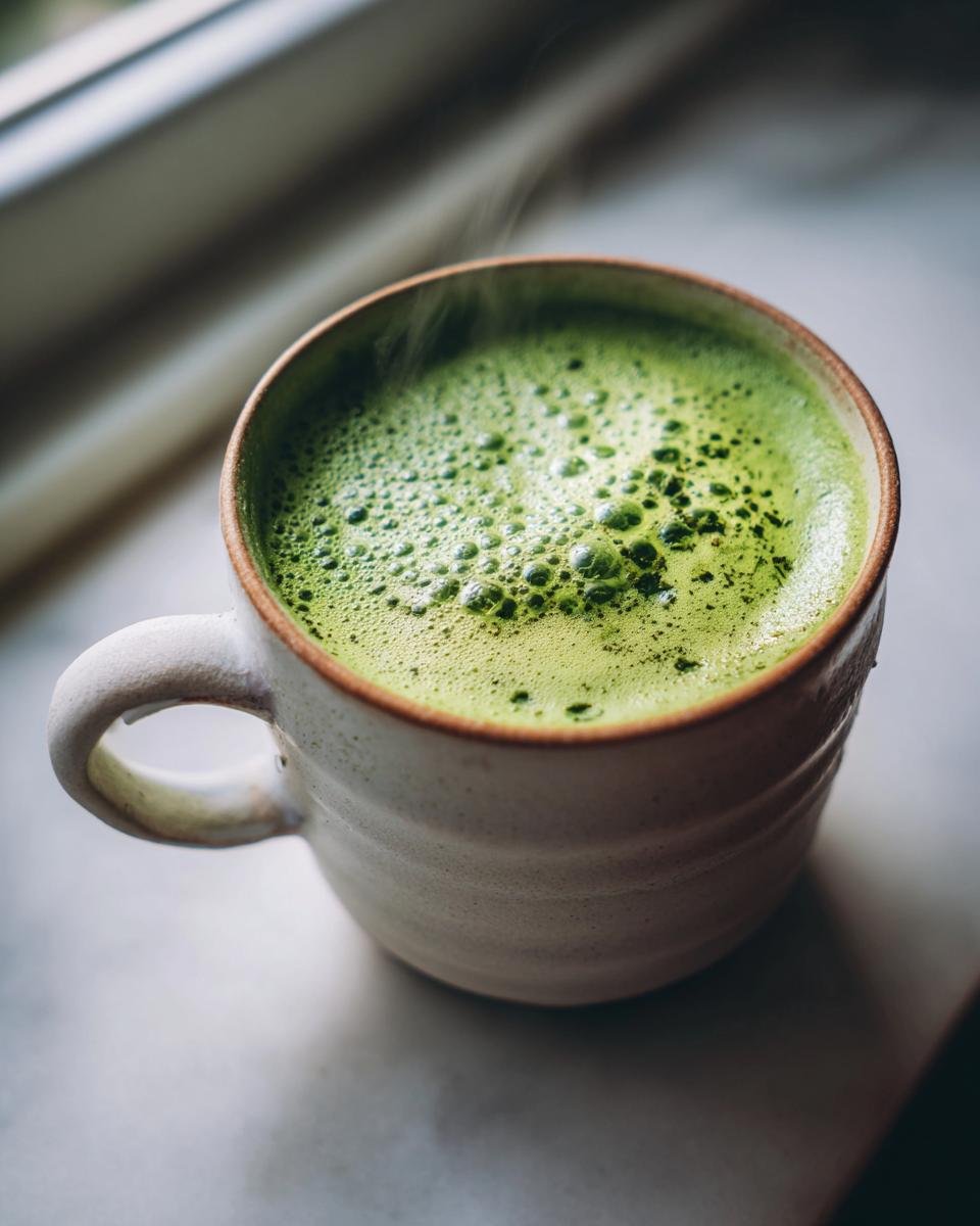 Close-up of a steaming mug filled with vibrant green, frothy 4 Ingredient Matcha Hot Chocolate.