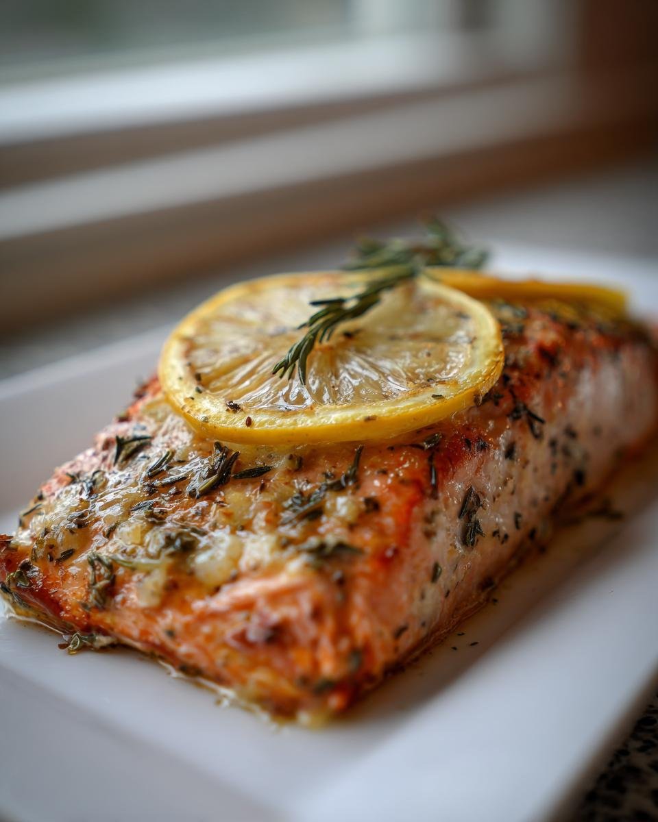 Close-up of a Delightful Baked Lemon Herb Salmon Recipe fillet topped with a lemon slice and rosemary.
