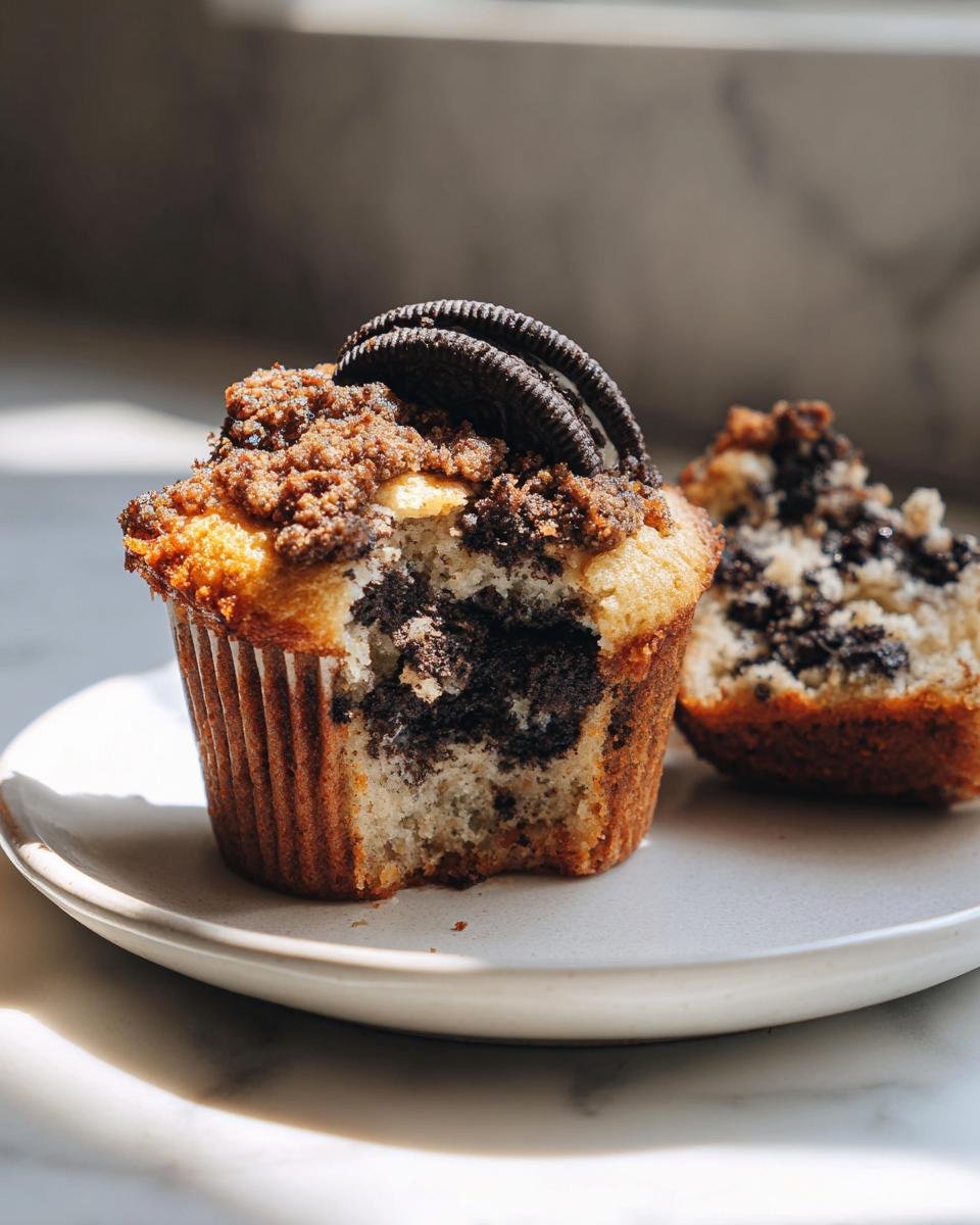 A close-up of a Bakery Style Oreo Muffin At Home with a bite taken out, showing the chocolate filling and crumb topping.