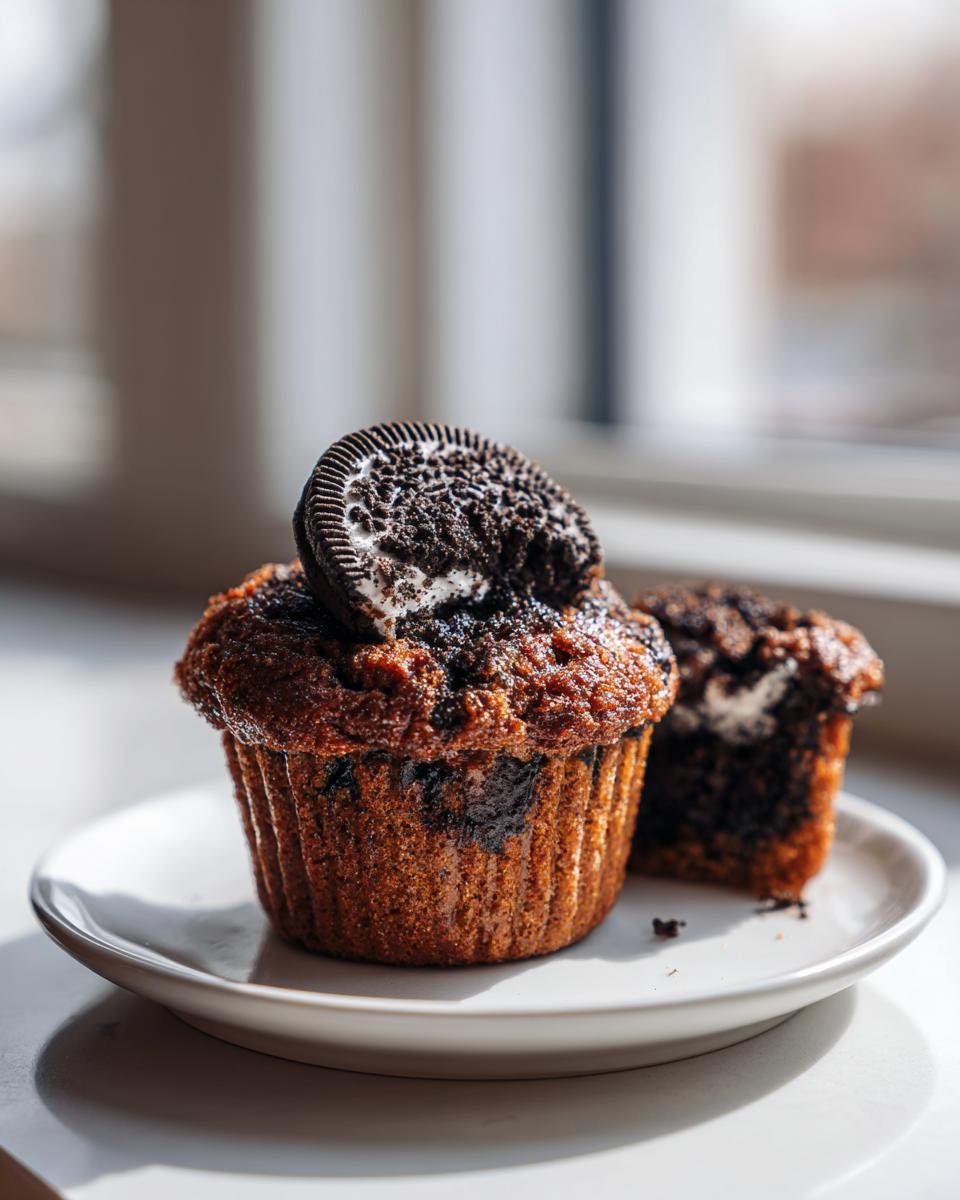 Close-up of a Bakery Style Oreo Muffin topped with half an Oreo cookie, sitting on a white plate.